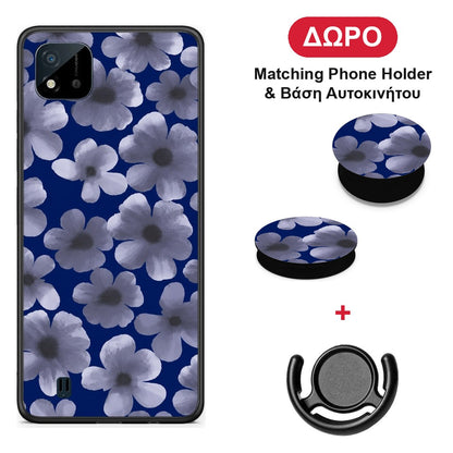 Pale Blue Flowers on Navy - Realme C11 2021 / C20 θήκη + Δώρο Phone Holder & Βάση Αυτοκινήτου