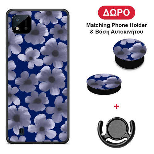 Pale Blue Flowers on Navy - Realme C11 2021 / C20 θήκη + Δώρο Phone Holder & Βάση Αυτοκινήτου