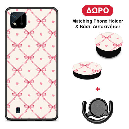 Pink Bow Lattice and Hearts on Cream - Realme C11 2021 / C20 θήκη + Δώρο Phone Holder & Βάση Αυτοκινήτου