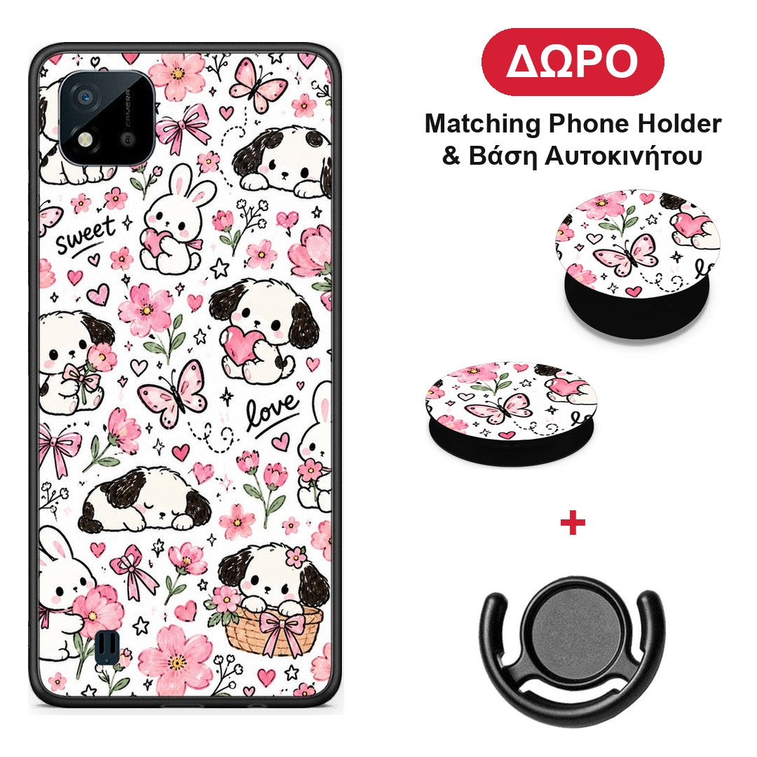 Pink Florals Puppies and Bunnies on White - Realme C11 2021 / C20 θήκη + Δώρο Phone Holder & Βάση Αυτοκινήτου