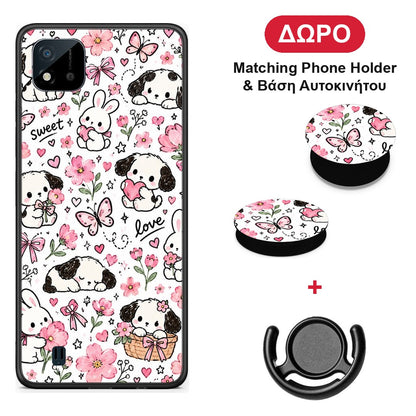 Pink Florals Puppies and Bunnies on White - Realme C11 2021 / C20 θήκη + Δώρο Phone Holder & Βάση Αυτοκινήτου