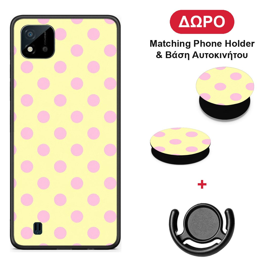Pink Polka Dots on Yellow - Realme C11 2021 / C20 θήκη + Δώρο Phone Holder & Βάση Αυτοκινήτου