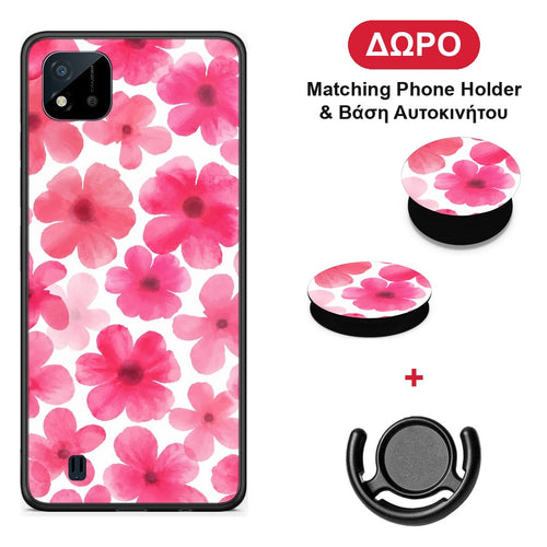 Pink Watercolour Flowers on White - Realme C11 2021 / C20 θήκη + Δώρο Phone Holder & Βάση Αυτοκινήτου