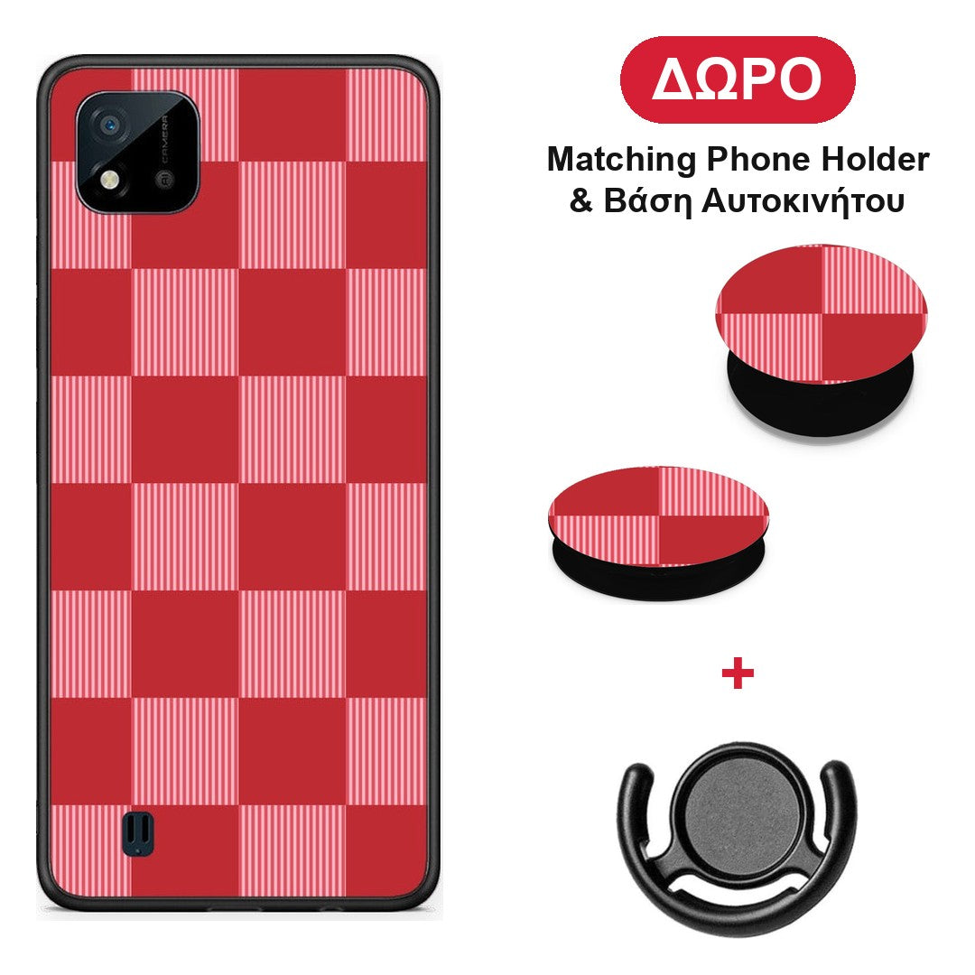 Red and Pink Striped Checks - Realme C11 2021 / C20 θήκη + Δώρο Phone Holder & Βάση Αυτοκινήτου