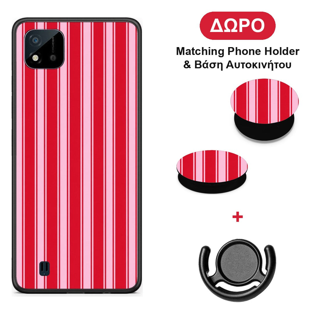 Red and Pink Vertical Pinstripes - Realme C11 2021 / C20 θήκη + Δώρο Phone Holder & Βάση Αυτοκινήτου