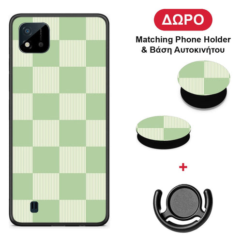Sage and Cream Striped Checks - Realme C11 2021 / C20 θήκη + Δώρο Phone Holder & Βάση Αυτοκινήτου