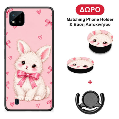 White Bunny and Pink Bows - Realme C11 2021 / C20 θήκη + Δώρο Phone Holder & Βάση Αυτοκινήτου
