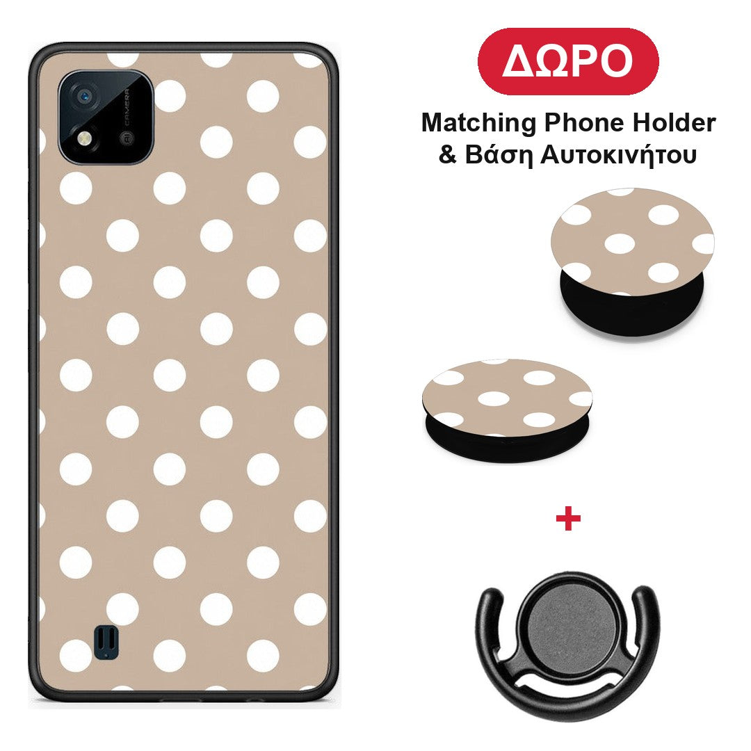 White Polka Dots on Taupe - Realme C11 2021 / C20 θήκη + Δώρο Phone Holder & Βάση Αυτοκινήτου