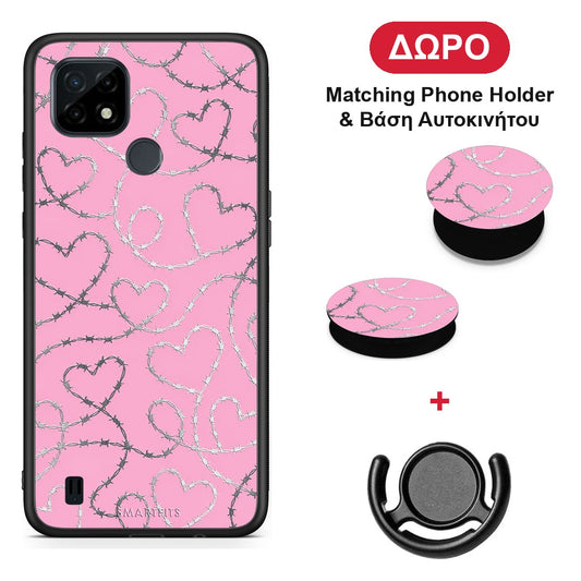 Barbed Wire Hearts on Pink - Realme C21 θήκη + Δώρο Phone Holder & Βάση Αυτοκινήτου