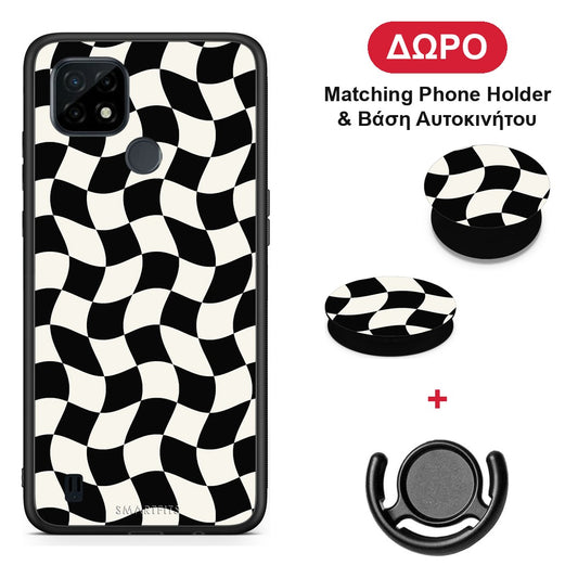 Black and Cream Wavy Checkerboard - Realme C21 θήκη + Δώρο Phone Holder & Βάση Αυτοκινήτου