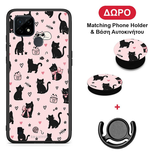 Black Cat Doodles on Pink - Realme C21 θήκη + Δώρο Phone Holder & Βάση Αυτοκινήτου