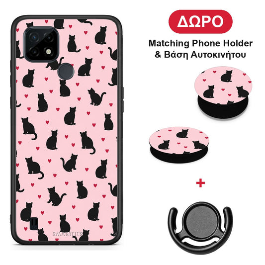 Black Cat Silhouettes and Hearts on Pink - Realme C21 θήκη + Δώρο Phone Holder & Βάση Αυτοκινήτου