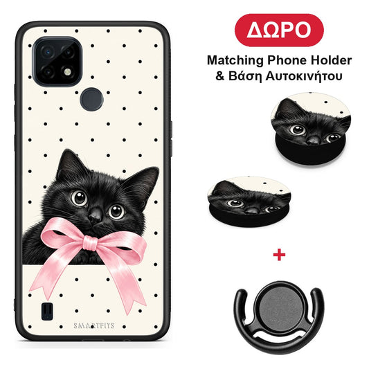 Black Kitten Pink Bow and Polka Dots - Realme C21 θήκη + Δώρο Phone Holder & Βάση Αυτοκινήτου