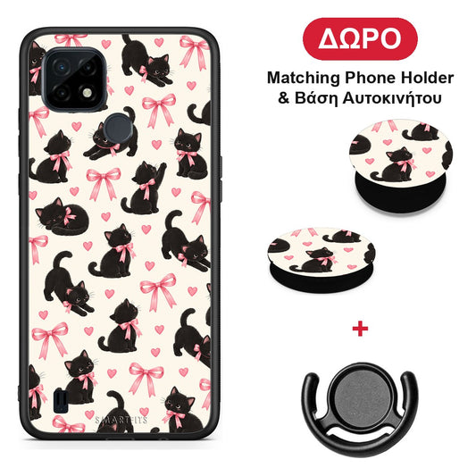 Black Kittens and Pink Bows on Cream Small - Realme C21 θήκη + Δώρο Phone Holder & Βάση Αυτοκινήτου