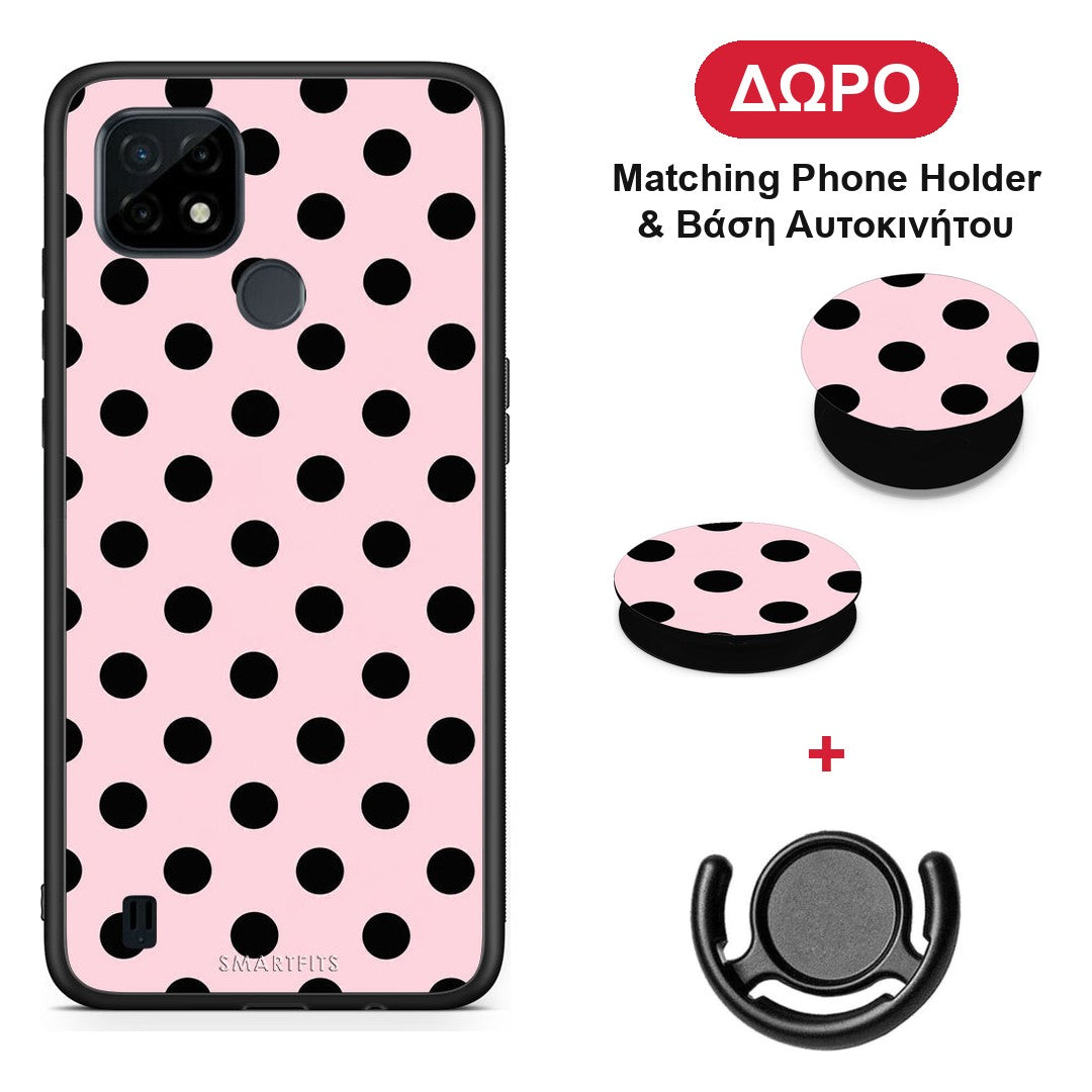 Black Polka Dots on Pink - Realme C21 θήκη + Δώρο Phone Holder & Βάση Αυτοκινήτου
