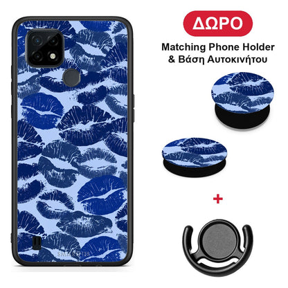 Blue Lipstick Kisses - Realme C21 θήκη + Δώρο Phone Holder & Βάση Αυτοκινήτου