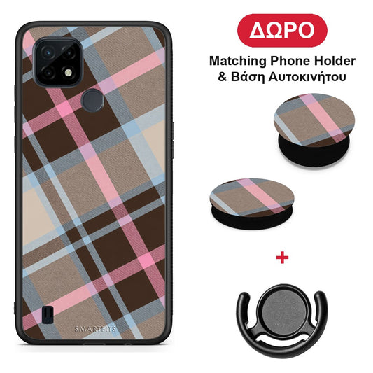 Brown Pink and Blue Diagonal Plaid - Realme C21 θήκη + Δώρο Phone Holder & Βάση Αυτοκινήτου
