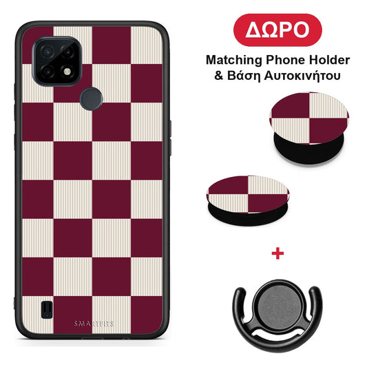 Burgundy and Cream Striped Checks - Realme C21 θήκη + Δώρο Phone Holder & Βάση Αυτοκινήτου