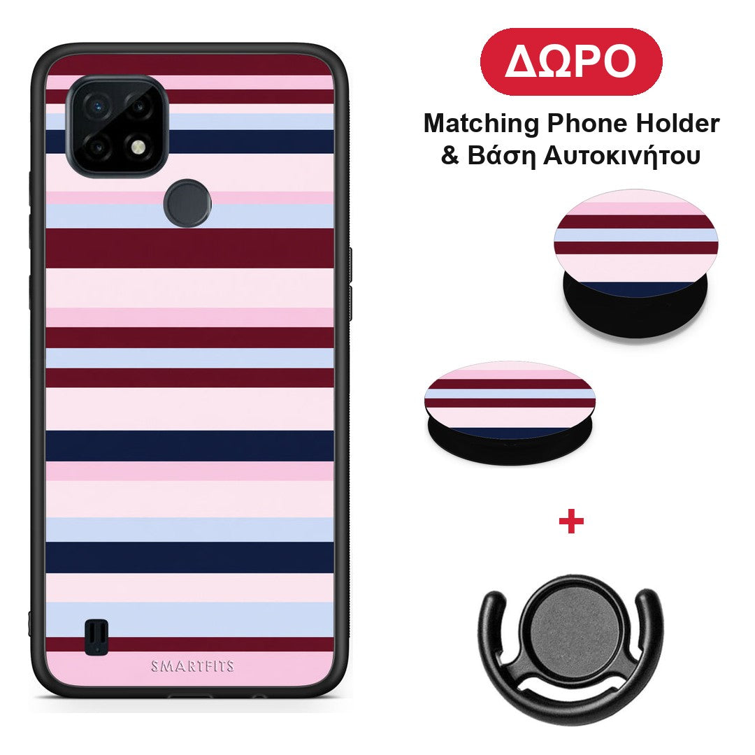 Burgundy Pink and Blue Horizontal Stripes - Realme C21 θήκη + Δώρο Phone Holder & Βάση Αυτοκινήτου