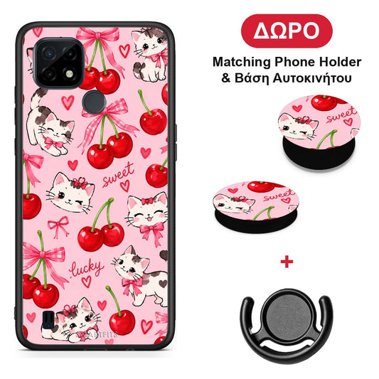 Cherries Bows and Kittens on Pink - Realme C21 θήκη + Δώρο Phone Holder & Βάση Αυτοκινήτου