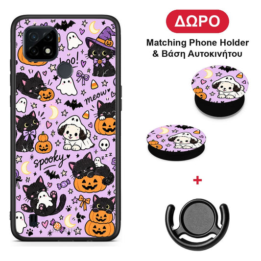 Halloween Black Cats on Lilac - Realme C21 θήκη + Δώρο Phone Holder & Βάση Αυτοκινήτου