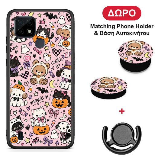 Halloween Cute Animals on Pink - Realme C21 θήκη + Δώρο Phone Holder & Βάση Αυτοκινήτου
