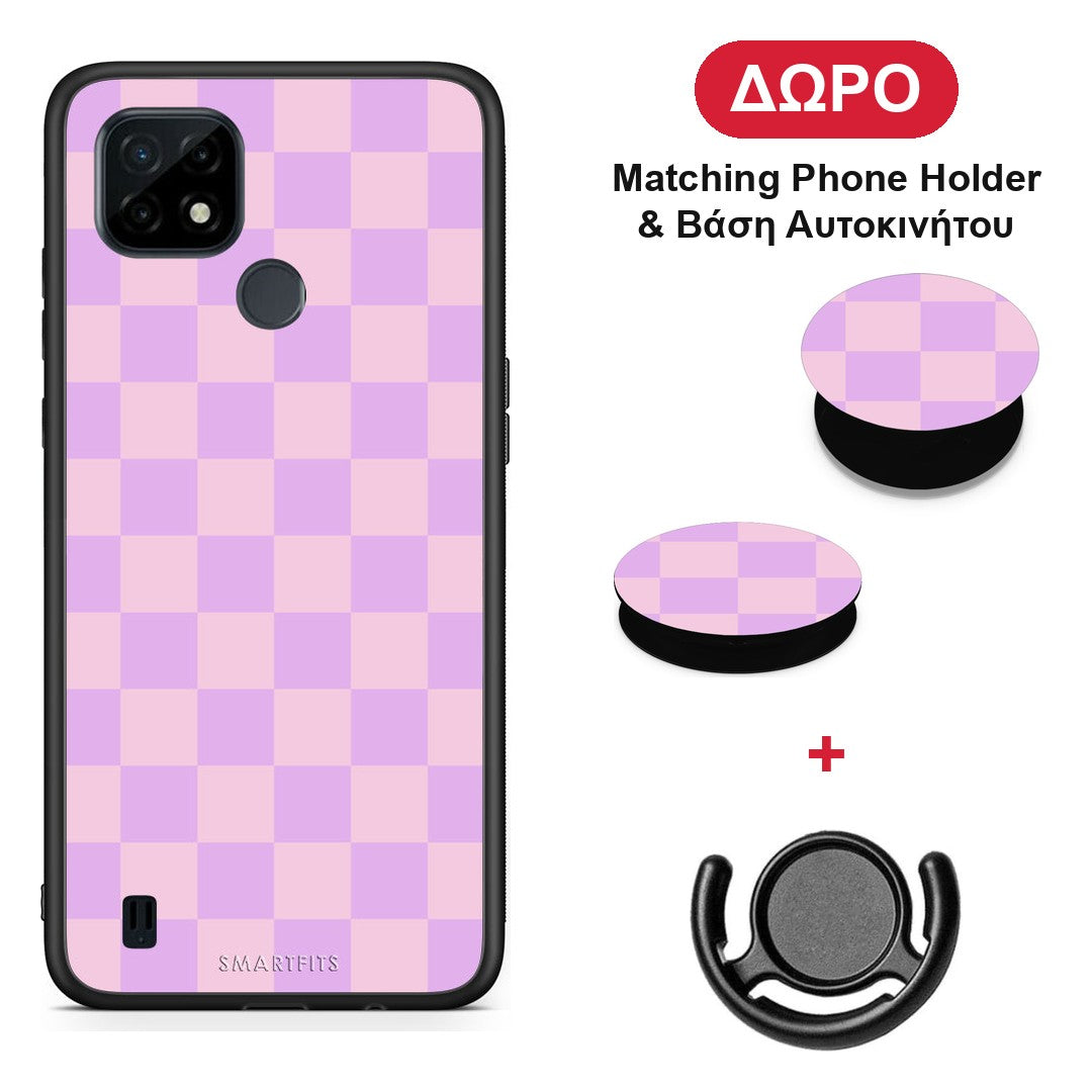 Lavender and Pink Checkerboard - Realme C21 θήκη + Δώρο Phone Holder & Βάση Αυτοκινήτου