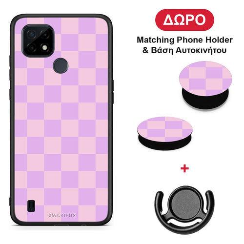 Lavender and Pink Checkerboard - Realme C21 θήκη + Δώρο Phone Holder & Βάση Αυτοκινήτου