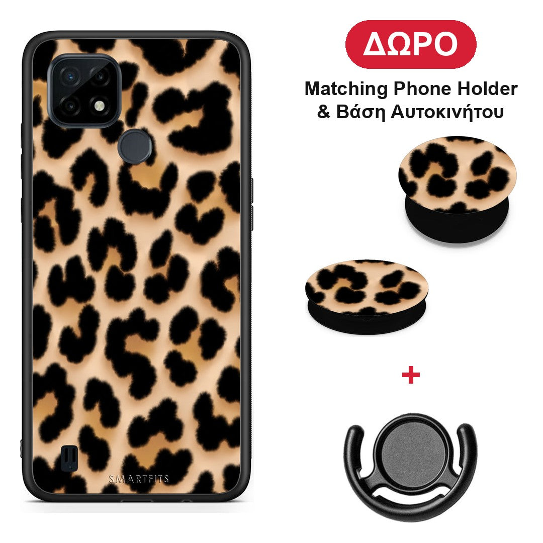 Leopard Print Tan Large - Realme C21 θήκη + Δώρο Phone Holder & Βάση Αυτοκινήτου