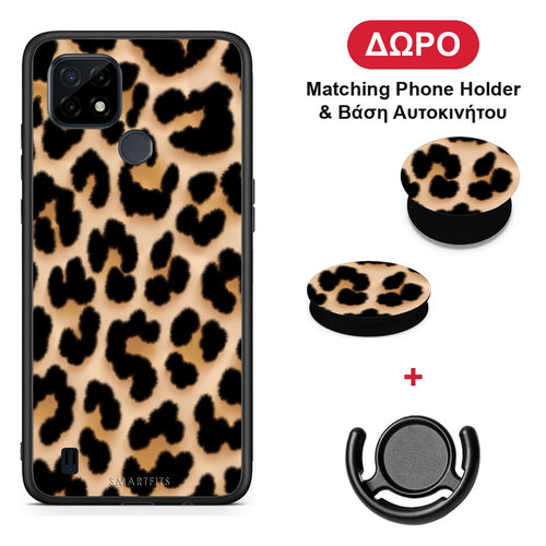 Leopard Print Tan Large - Realme C21 θήκη + Δώρο Phone Holder & Βάση Αυτοκινήτου
