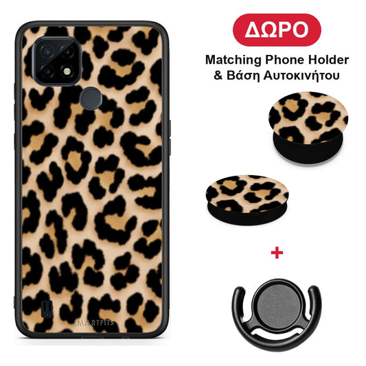 Leopard Print Tan Small - Realme C21 θήκη + Δώρο Phone Holder & Βάση Αυτοκινήτου