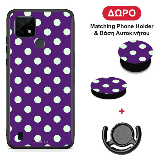 Mint Polka Dots on Purple - Realme C21 θήκη + Δώρο Phone Holder & Βάση Αυτοκινήτου