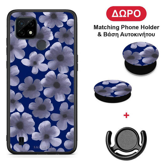 Pale Blue Flowers on Navy - Realme C21 θήκη + Δώρο Phone Holder & Βάση Αυτοκινήτου