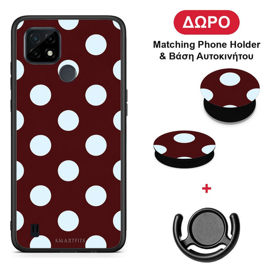 Pale Blue Large Polka Dots on Burgundy - Realme C21 θήκη + Δώρο Phone Holder & Βάση Αυτοκινήτου