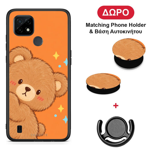 Peekaboo Teddy on Orange - Realme C21 θήκη + Δώρο Phone Holder & Βάση Αυτοκινήτου