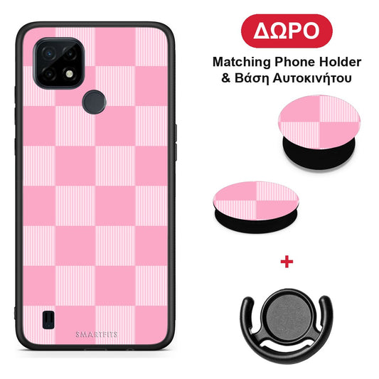 Pink and White Striped Checks - Realme C21 θήκη + Δώρο Phone Holder & Βάση Αυτοκινήτου