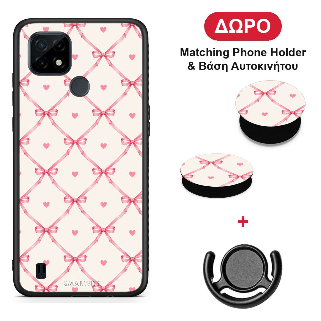 Pink Bow Lattice and Hearts on Cream - Realme C21 θήκη + Δώρο Phone Holder & Βάση Αυτοκινήτου