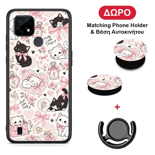 Pink Bows and Kittens Collage - Realme C21 θήκη + Δώρο Phone Holder & Βάση Αυτοκινήτου