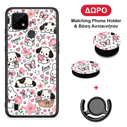 Pink Florals Puppies and Bunnies on White - Realme C21 θήκη + Δώρο Phone Holder & Βάση Αυτοκινήτου