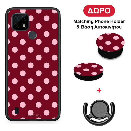 Pink Polka Dots on Burgundy - Realme C21 θήκη + Δώρο Phone Holder & Βάση Αυτοκινήτου