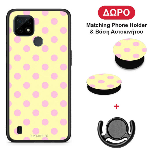 Pink Polka Dots on Yellow - Realme C21 θήκη + Δώρο Phone Holder & Βάση Αυτοκινήτου