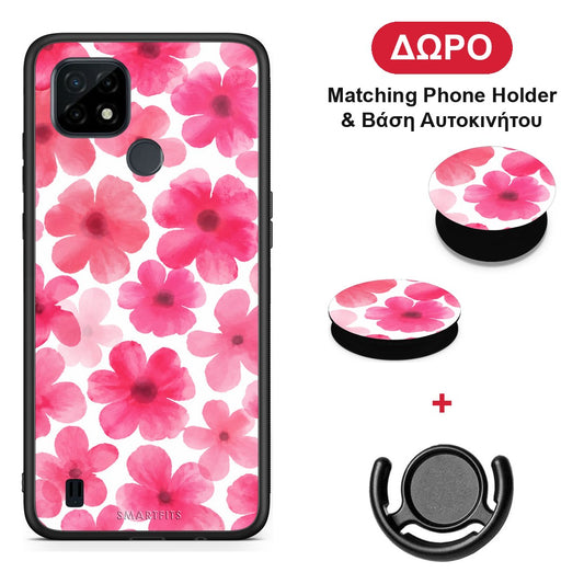 Pink Watercolour Flowers on White - Realme C21 θήκη + Δώρο Phone Holder & Βάση Αυτοκινήτου
