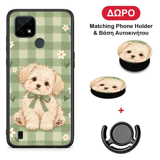 Puppy and Daisies on Sage Gingham - Realme C21 θήκη + Δώρο Phone Holder & Βάση Αυτοκινήτου