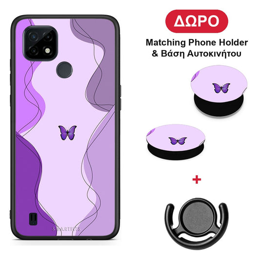 Purple Mariposa - Realme C21 θήκη + Δώρο Phone Holder & Βάση Αυτοκινήτου