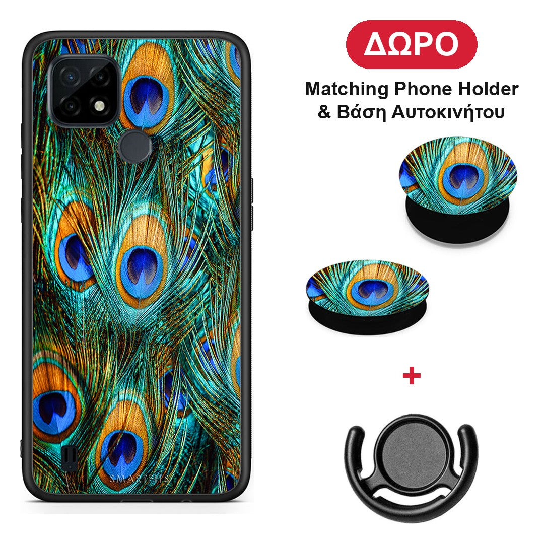 Real Peacock Feathers - Realme C21 θήκη + Δώρο Phone Holder & Βάση Αυτοκινήτου