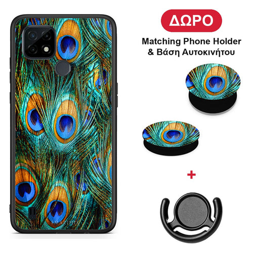 Real Peacock Feathers - Realme C21 θήκη + Δώρο Phone Holder & Βάση Αυτοκινήτου