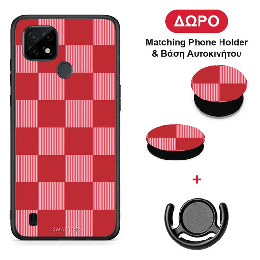 Red and Pink Striped Checks - Realme C21 θήκη + Δώρο Phone Holder & Βάση Αυτοκινήτου