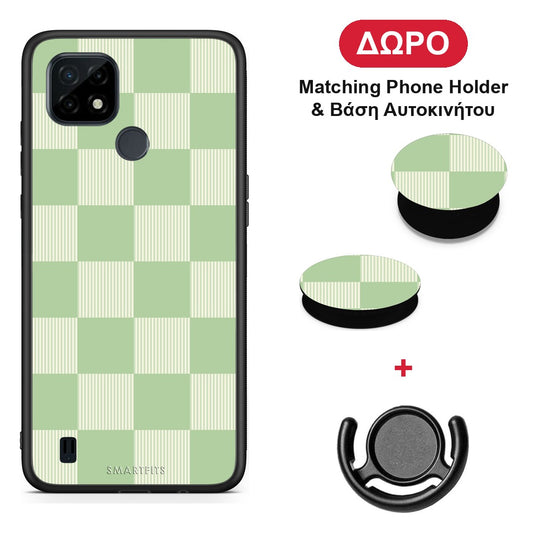 Sage and Cream Striped Checks - Realme C21 θήκη + Δώρο Phone Holder & Βάση Αυτοκινήτου