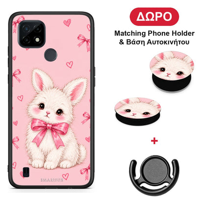 White Bunny and Pink Bows - Realme C21 θήκη + Δώρο Phone Holder & Βάση Αυτοκινήτου