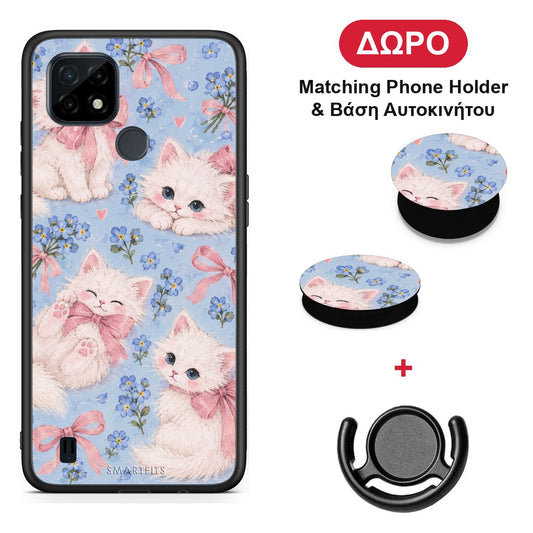 White Kittens and Blue Flowers Large - Realme C21 θήκη + Δώρο Phone Holder & Βάση Αυτοκινήτου